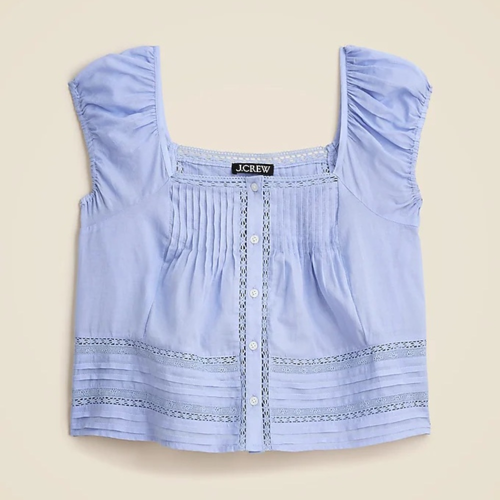J.Crew Cotton Voile Cap Sleeve Lace Trim Top Hazy Hydrangea Blue Pintuck Blouse